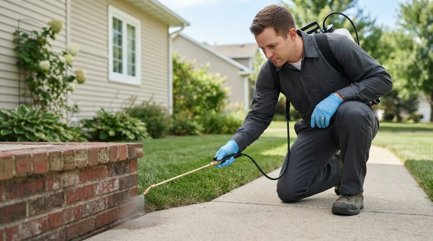 Pest control technician treating a home near Byfield, MA