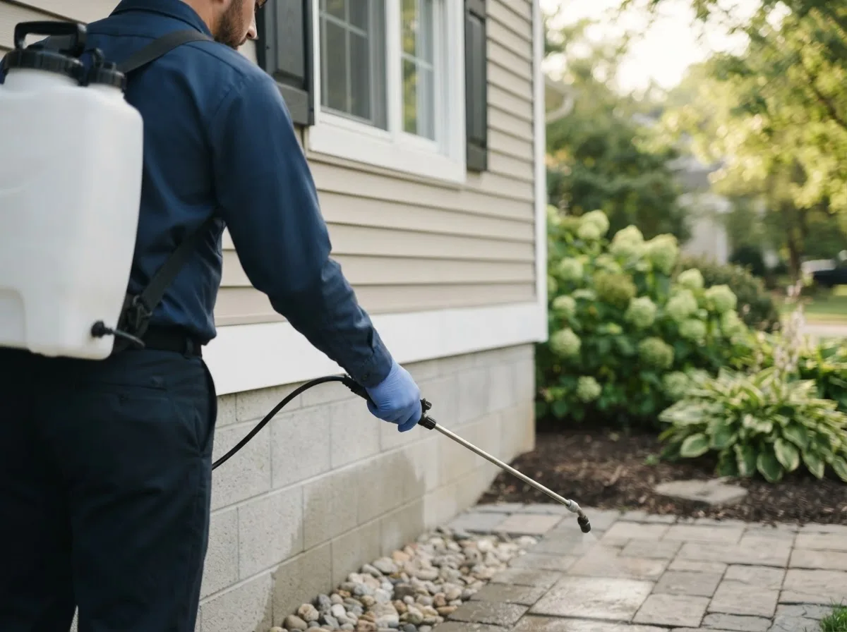 Pest control technician inspecting a home in Byfield, MA